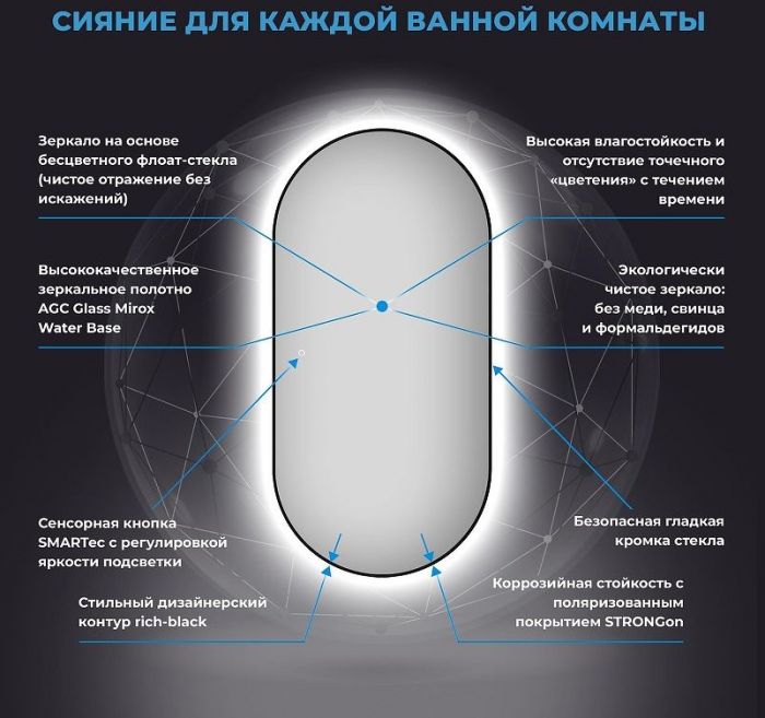 Зеркало Wellsee 7 Rays' Spectrum 55 172201540-172201550 с подсветкой цвет Черный матовый с сенсорным выключателем