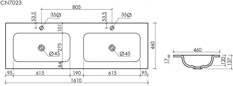 Раковина накладная мебельная CERAMICANOVA Grace прямоугольная, с двумя чашами и отверстиями под смеситель, цвет черный матовый, CN7023MB