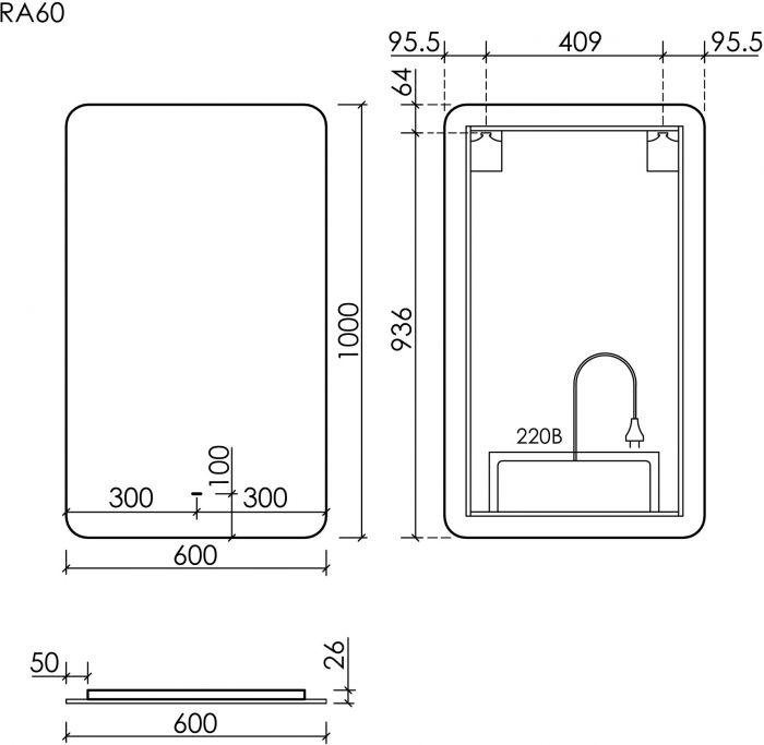 Зеркало SANCOS c подсветкой Ray, 600х1000, RA600