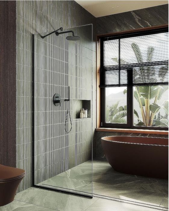 Душевая перегородка Maybah Glass MGD-689-6у 890x1950 в узком профиле Черный стекло прозрачное