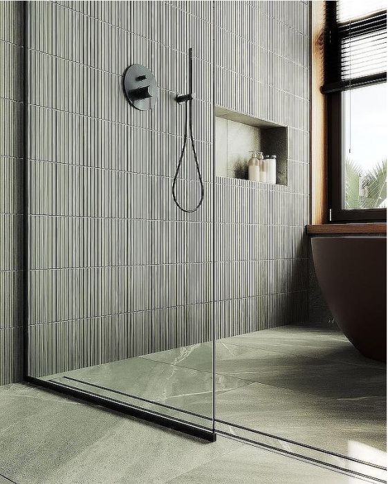 Душевая перегородка Maybah Glass MGD-689-6у 890x1950 в узком профиле Черный стекло прозрачное