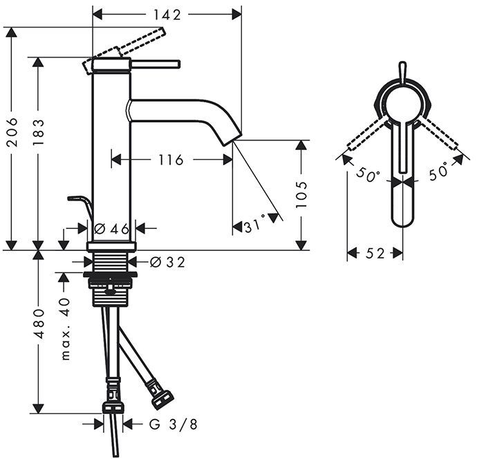 Hansgrohe Tecturis S Смеситель для раковины, на 1 отв., донным клапаном, цвет: хром
