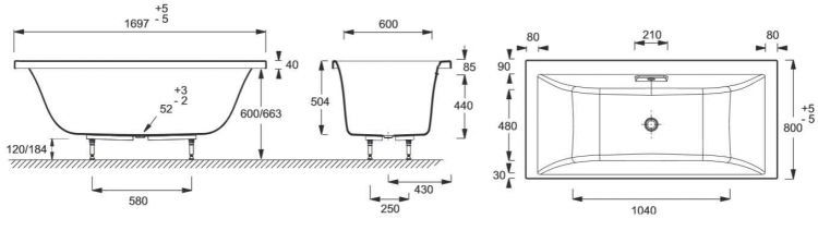 Схема ванны Jacob Delafon Evok 170x80 E60341-00