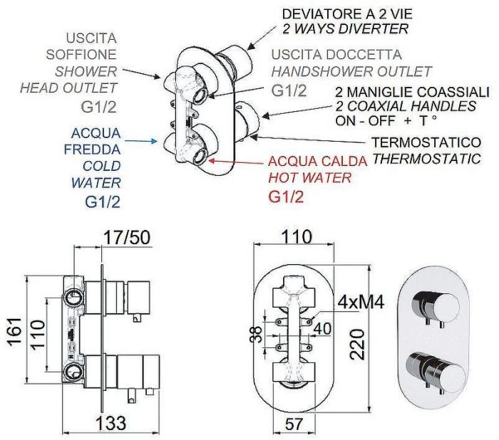 Смеситель для душа Remer Minimal Thermo NT92 с термостатом Хром