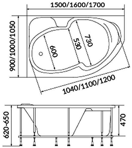 Акриловая ванна 1MarKa Diana 150x90 R 01ди1590п без гидромассажа