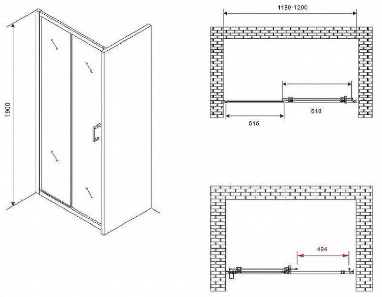 Душевая дверь Abber Schwarzer Diamant 120 AG30120B5 профиль Черный стекло прозрачное