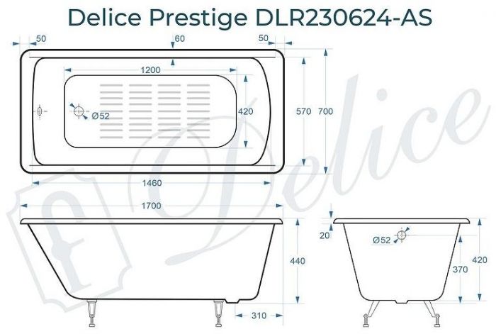 Чугунная ванна Delice Prestige 170х70 DLR230624-AS без отверстий под ручки с антискользящим покрытием