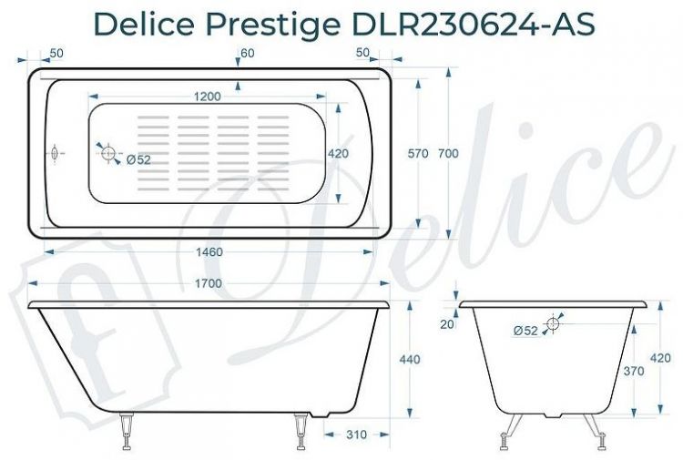 Чугунная ванна Delice Prestige 170х70 DLR230624-AS без отверстий под ручки с антискользящим покрытием Чугунная ванна Delice Prestige 170х70 DLR230624-AS без отверстий под ручки с антискользящим покрытием