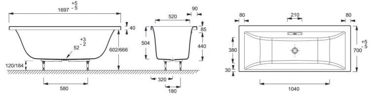 Схема акриловой ванны Jacob Delafon Evok 170x70 E60340-00