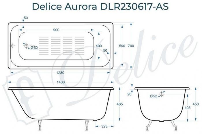 Чугунная ванна Delice Aurora 140х70 DLR230617-AS без отверстий под ручки с антискользящим покрытием