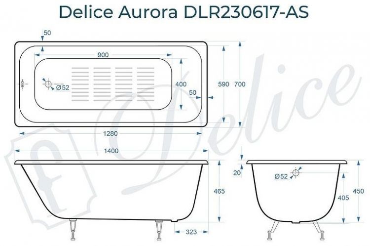 Чугунная ванна Delice Aurora 140х70 DLR230617-AS без отверстий под ручки с антискользящим покрытием