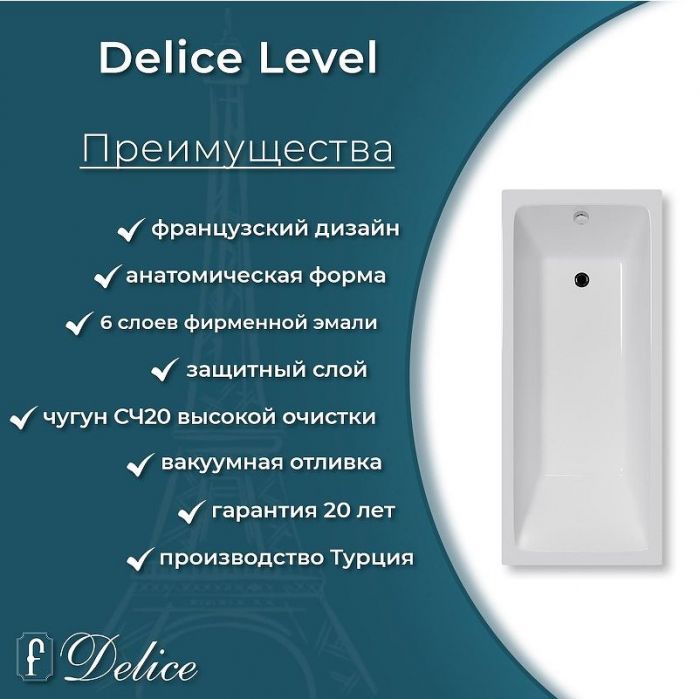 Чугунная ванна Delice Level 170х75 DLR230602-AS без отверстий под ручки с антискользящим покрытием