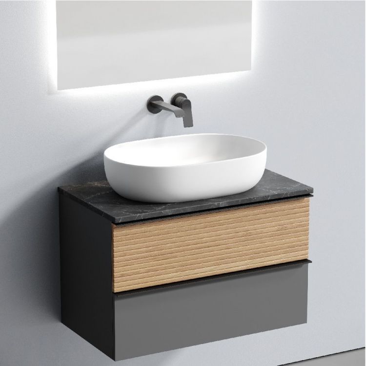 Тумба подвесная SANCOS Delta, Дуб красный/графит 790х445х500, под столешницу без отверстия под смеситель, цвет Black Sky, DL80GR