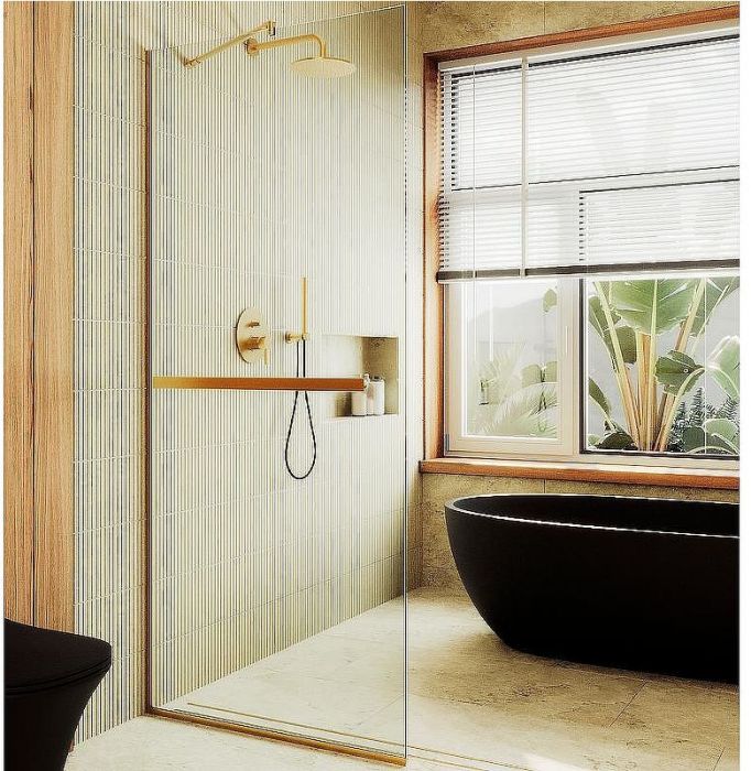 Душевая перегородка Maybah Glass MGD-732-3у 890x1950 в узком профиле Золото стекло прозрачное