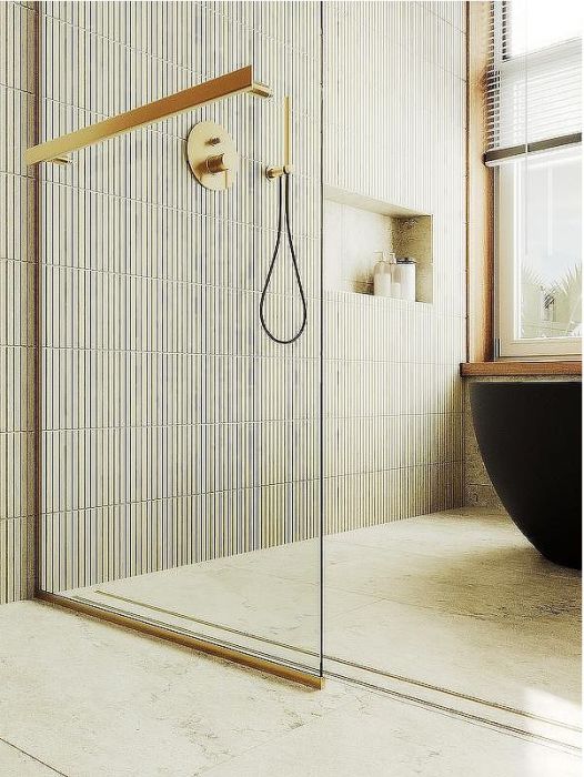 Душевая перегородка Maybah Glass MGD-732-3у 890x1950 в узком профиле Золото стекло прозрачное