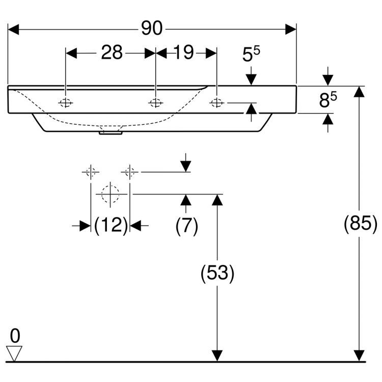 Раковина Geberit Xeno? с полочкой справа, без отверстия, без перелива 90х48 [500.534.01.1]