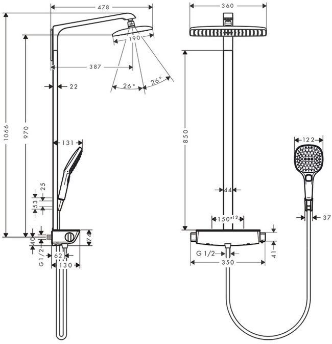 Hansgrohe Raindance Select 360 Showerpipe Душевая система, с верхним душем 36х19см, термостатический смеситель , с ручным душем, цвет: хром