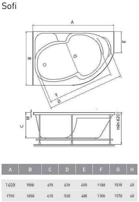 Акриловая ванна Relisan Sofi 160x100 L Гл000024565 без гидромассажа
