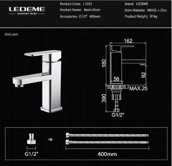 Смеситель для раковины Ledeme H33 1033L Хром