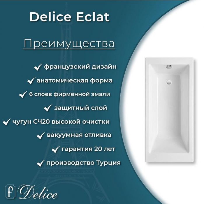 Чугунная ванна Delice Eclat 170х70 DLR230621R с отверстиями под ручки без антискользящего покрытия