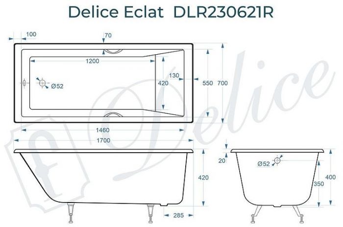 Чугунная ванна Delice Eclat 170х70 DLR230621R с отверстиями под ручки без антискользящего покрытия