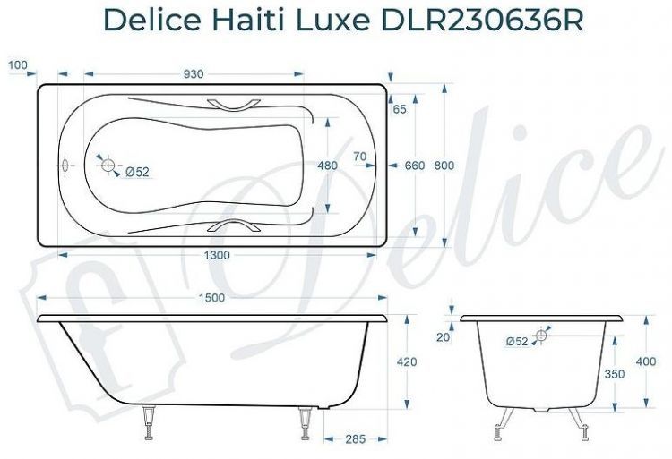 Чугунная ванна Delice Haiti Luxe 150х80 DLR230636R с отверстиями под ручки без антискользящего покрытия