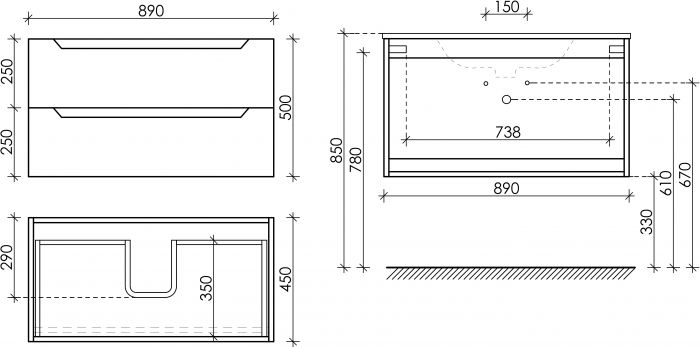 Тумба подвесная SANCOS под раковину Norma 2.0, белый глянец 890х450х500, NR2.090W