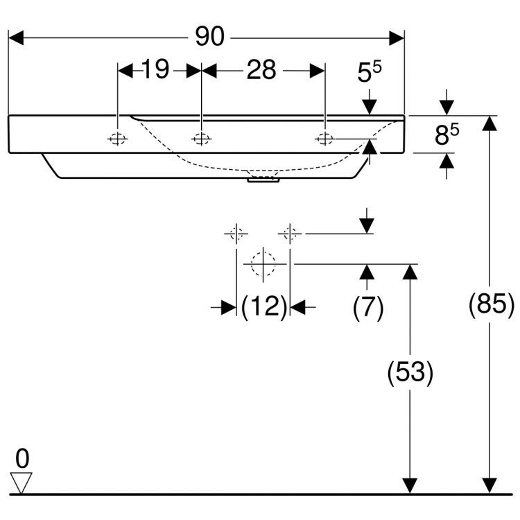 Раковина Geberit Xeno? с полочкой слева, без отверстия, без перелива 90х48 [500.536.01.1]