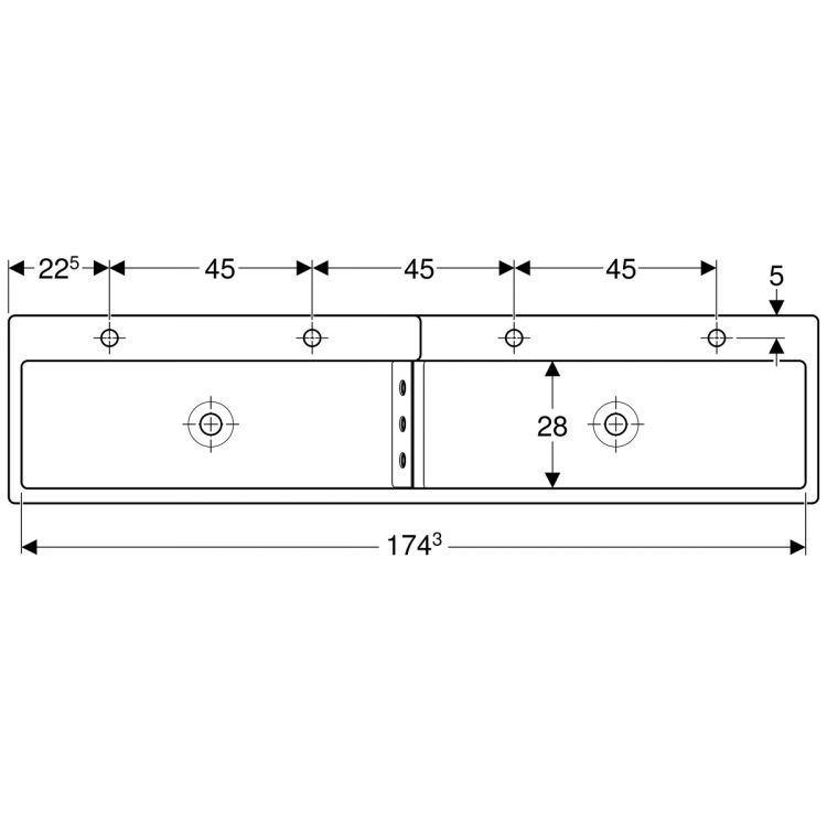 Детская раковина Geberit Bambini под четыре смесителя, нижняя раковина справа, двойная, двухуровневая, 180х41.5, Varicor, альпийский белый [430050016]