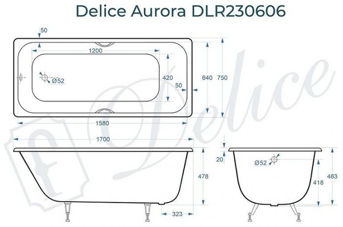Чугунная ванна Delice Aurora 170х75 DLR230606 без отверстий под ручки и антискользящего покрытия