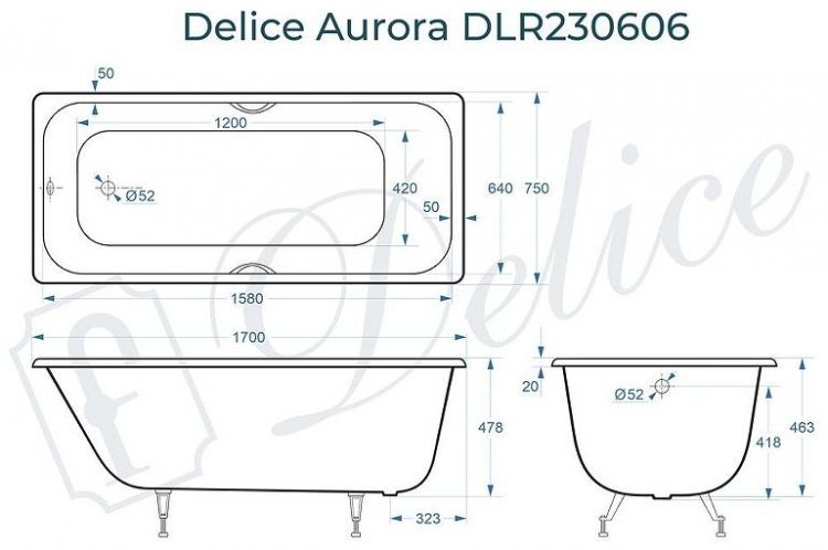 Чугунная ванна Delice Aurora 170х75 DLR230606 без отверстий под ручки и антискользящего покрытия