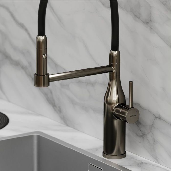 Смеситель для кухни Sancos Pride с гибким изливом, цвет вороненая сталь/черный, SC4011GG
