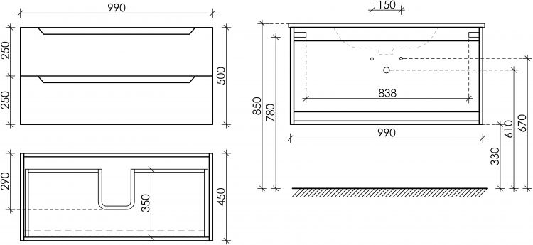 Тумба подвесная SANCOS под раковину Norma 2.0, белый глянец 990х450х500, NR2.0100W