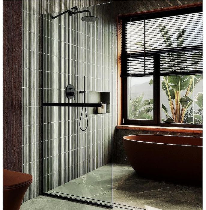 Душевая перегородка Maybah Glass MGD-732-6у 890x1950 в узком профиле Черный стекло прозрачное