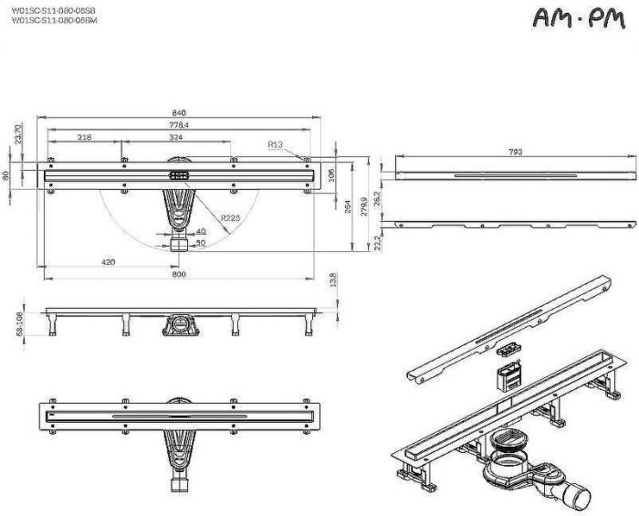 Душевой лоток AM.PM MasterFlow 80 W01SC-S11-080-05BM с Черной матовой решеткой Slim line
