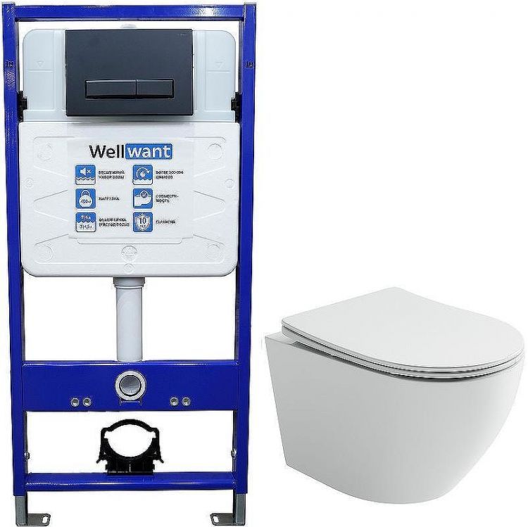 Комплект унитаза Ceramicanova Uno Rimless CN11001 с инсталляцией WellWant Standart 50 WWISI111BB с сиденьем Микролифт и Черной матовой клавишей смыва