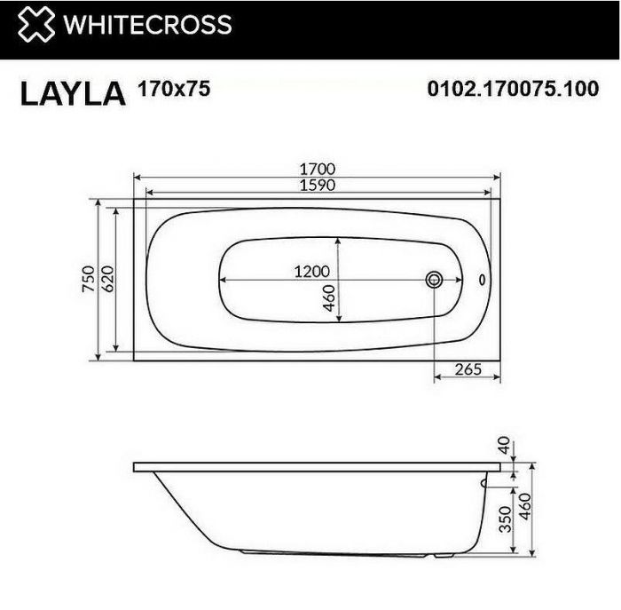 Акриловая ванна Whitecross Layla 170x75 0102.170075.100.NANO.CR с гидромассажем