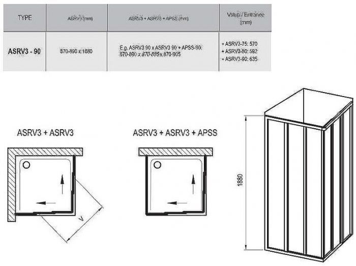 Душевая дверь Ravak Supernova ASRV3-90 S 15V70102Z1 профиль Белый стекло Transparent