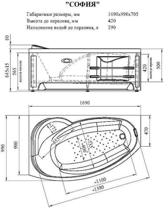 Акриловая ванна Radomir Vannesa София 169х99 R 2-75-2-2-0-223 с гидромассажем Классик Хром
