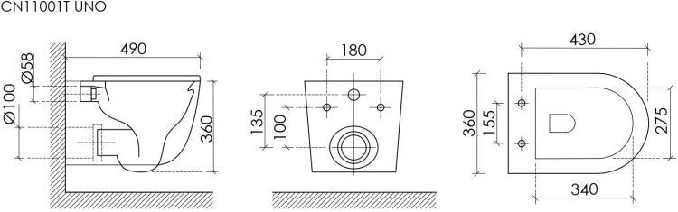 Подвесной унитаз CERAMICANOVA Uno смыв Торнадо 490x360x360 белый