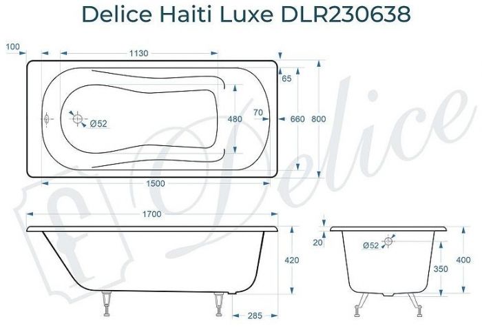 Чугунная ванна Delice Haiti Luxe 170х80 DLR230638 без отверстий под ручки и антискользящего покрытия