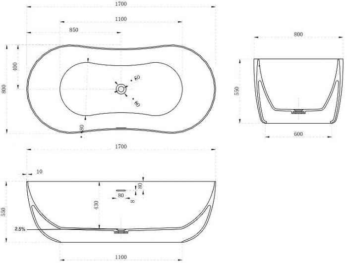 Ванна из искусственного камня Abber Stein 170x80 AS9604 без гидромассажа