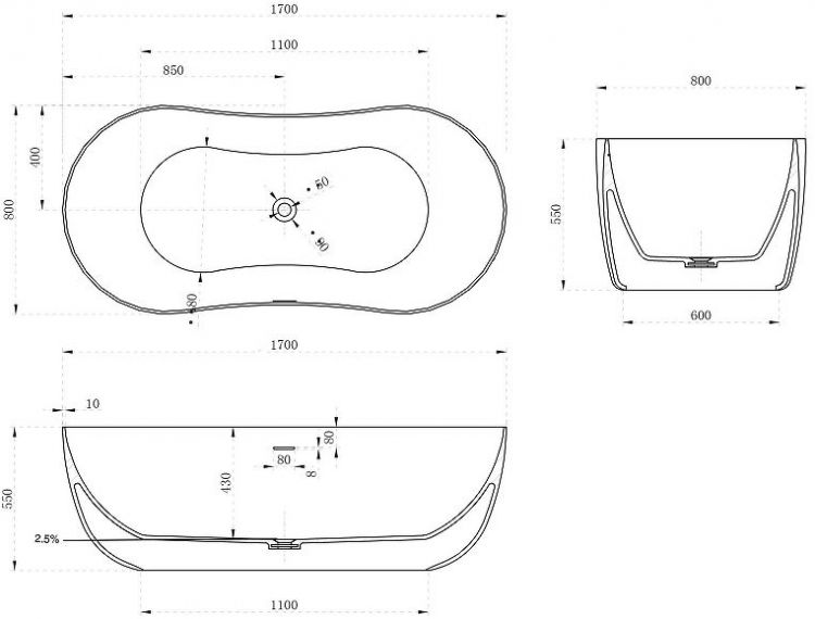Ванна из искусственного камня Abber Stein 170x80 AS9604 без гидромассажа