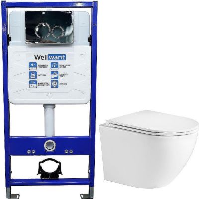 Комплект унитаза WeltWasser Merzbach 043 GL-WT 10000009939 с инсталляцией WellWant Standart 50 WWISI1110B с сиденьем Микролифт и клавишей смыва Хром глянцевый