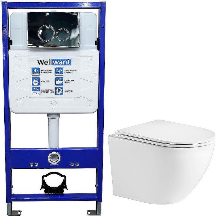 Комплект унитаза WeltWasser Merzbach 043 GL-WT 10000009939 с инсталляцией WellWant Standart 50 WWISI1110B с сиденьем Микролифт и клавишей смыва Хром глянцевый