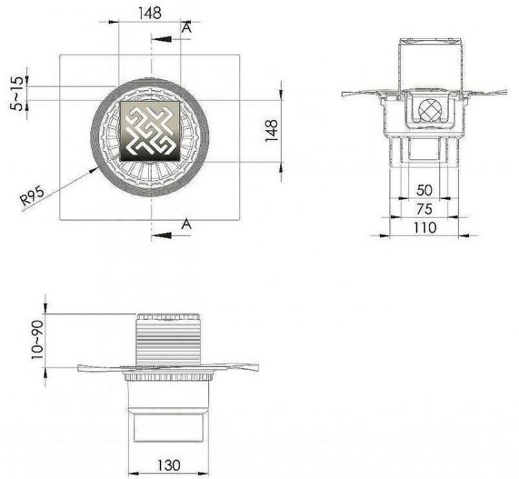 Душевой трап Berges Zentrum Antik 150x150 090465 с решеткой Хром матовый