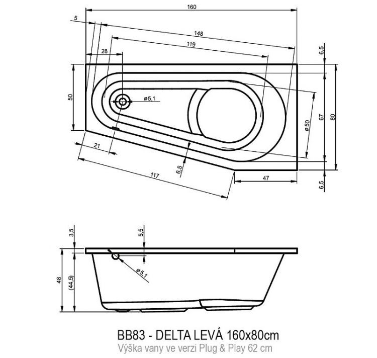 Акриловая ванна RIHO Delta Plug&Play 160x80 LEFT, BD4300500000000
