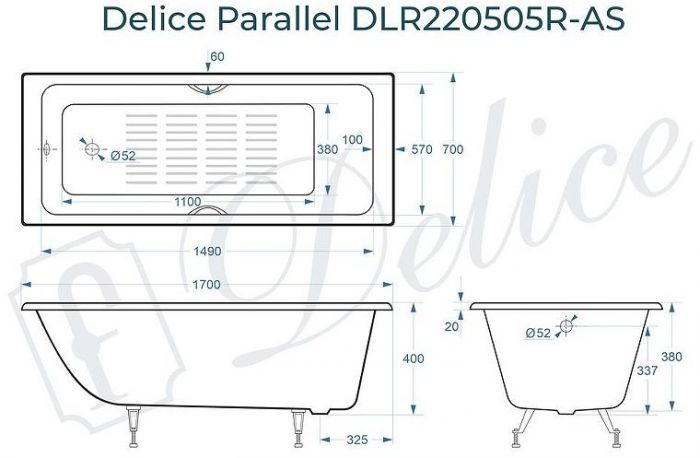 Чугунная ванна Delice Parallel 170х70 DLR220505R-AS с ручками с антискользящим покрытием