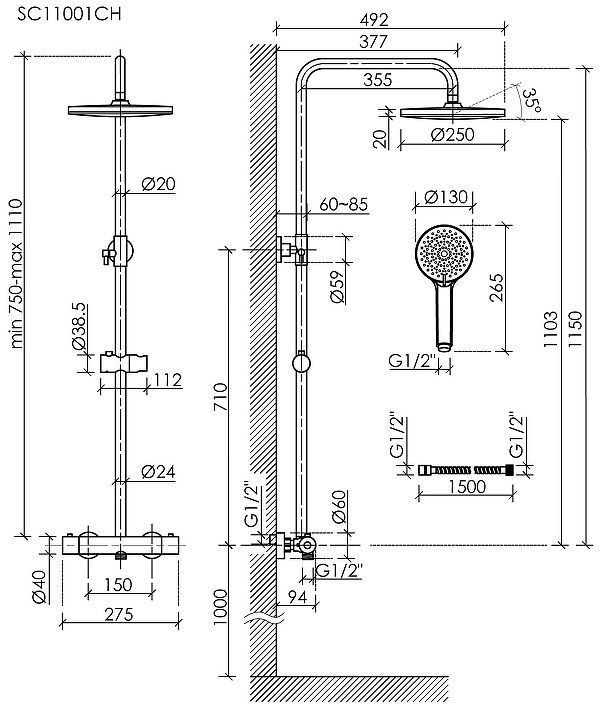 Душевая система Sancos Teo SC11001CH с термостатом цвет Хром
