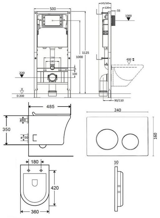 Комплект унитаза с инсталляцией Orange CI01-100W+APB188 с сиденьем Микролифт и Белой глянцевой клавишей смыва